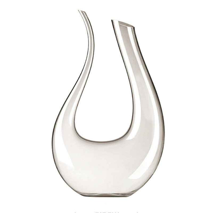 Carafe à décanter classique en forme de U, cristal transparent, posée sur fond blanc