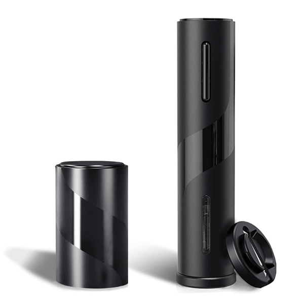 Tire bouchon électrique noir avec coupe-capsule magnétique, posé sur un comptoir blanc à côté d'une bouteille de vin