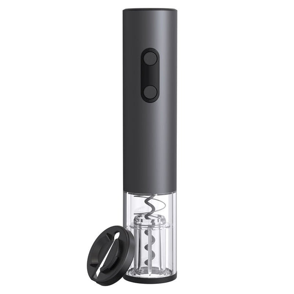 Tire bouchon électrique rechargeable noir posé sur une surface blanche, avec bouchon de liège
