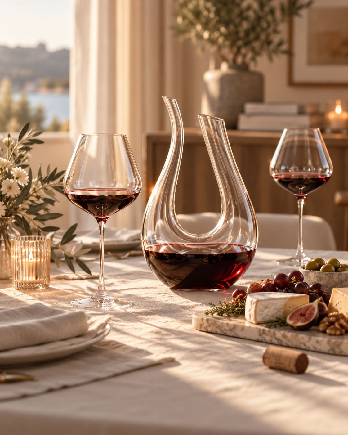 Grand verre à vin rouge avec plateau de fromages, ambiance cosy soirée détente